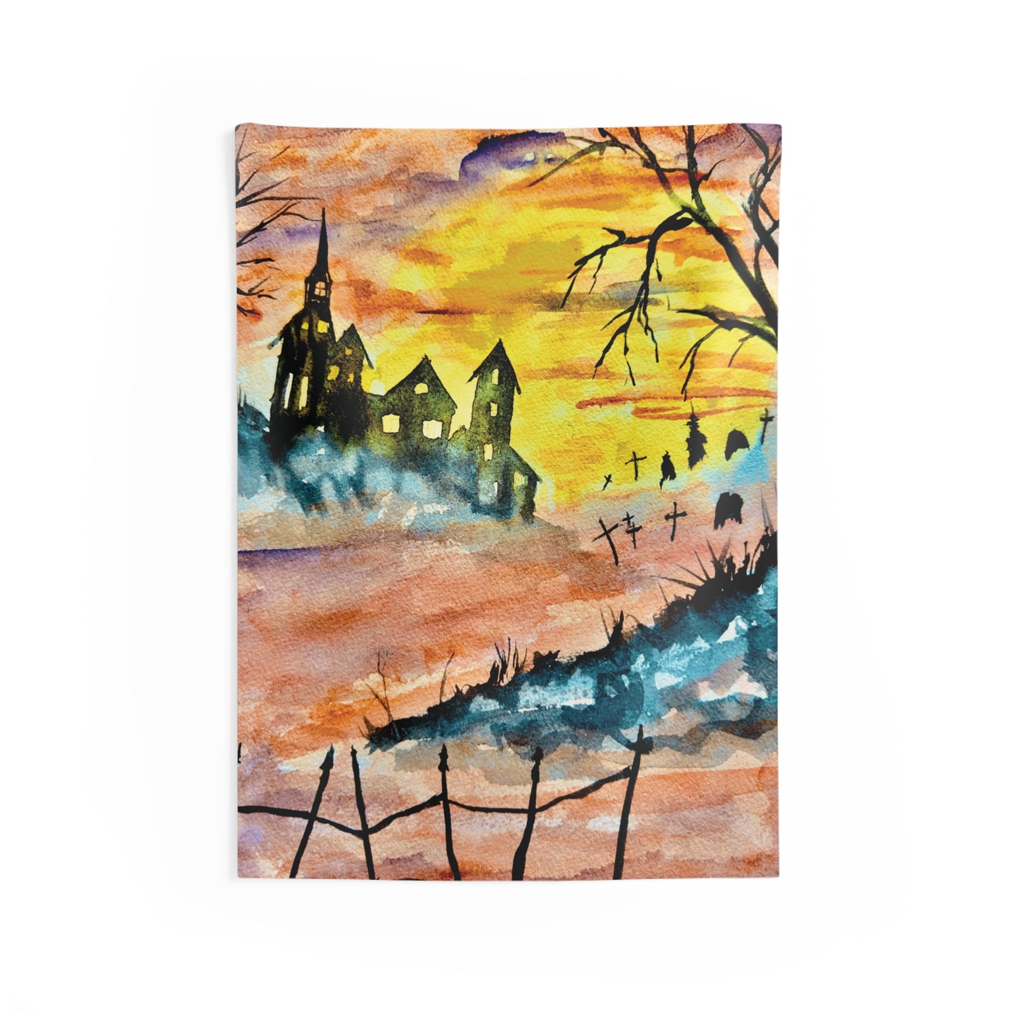 Halloween House and Graveyard Vibrant Indoor Wall Tapestry. Available in size 26” x 36” and 50” x 60”