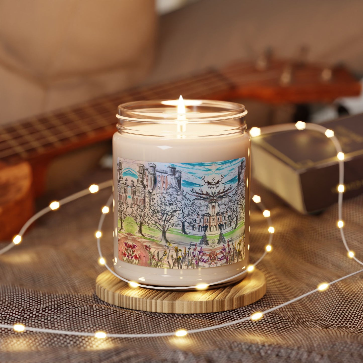 Eco-Friendly Soy Candle (9 oz.), Featuring Whimsical Watercolor of the Louvre Museum. Multiple Scents Available.