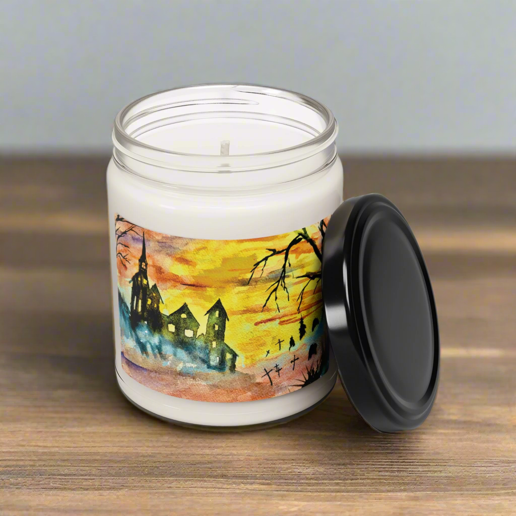 Eco-Friendly Soy Candle (9 oz.), Featuring Vibrant Halloween House and Graveyard Art. Multiple Scents Available.