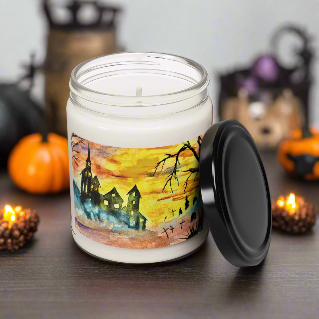 Eco-Friendly Soy Candle (9 oz.), Featuring Vibrant Halloween House and Graveyard Art. Multiple Scents Available.