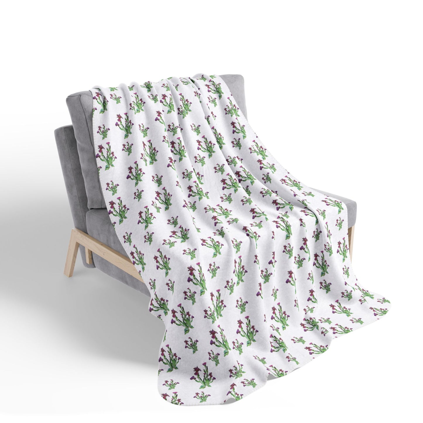 Fleece Sherpa Blanket Featuring Purple Irises. Available in sizes from 50” x 60”-60” x 80”