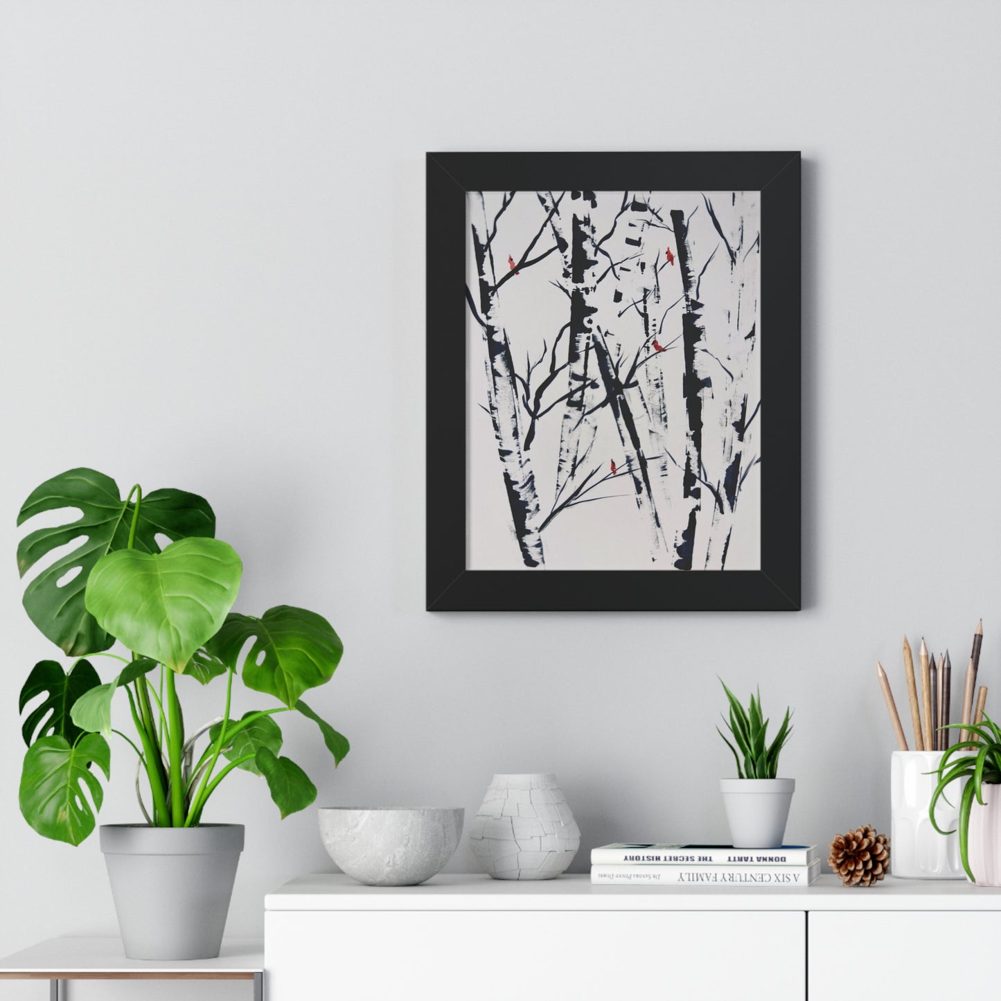 Cardinals and Birches Framed Vertical Poster. Available in sizes 11” x 14”-20” x 30”