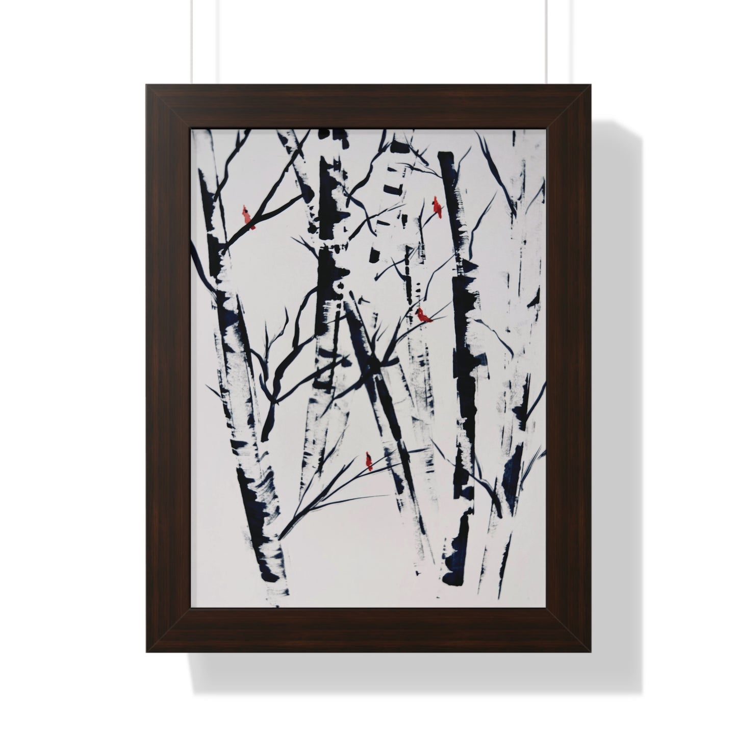 Cardinals and Birches Framed Vertical Poster. Available in sizes 11” x 14”-20” x 30”