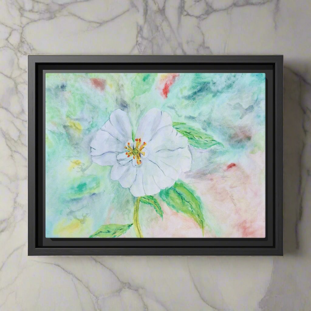 White Flower Watercolor Matte Canvas with Black Frame. Available in sizes from 12” x 9”-20” x 16”