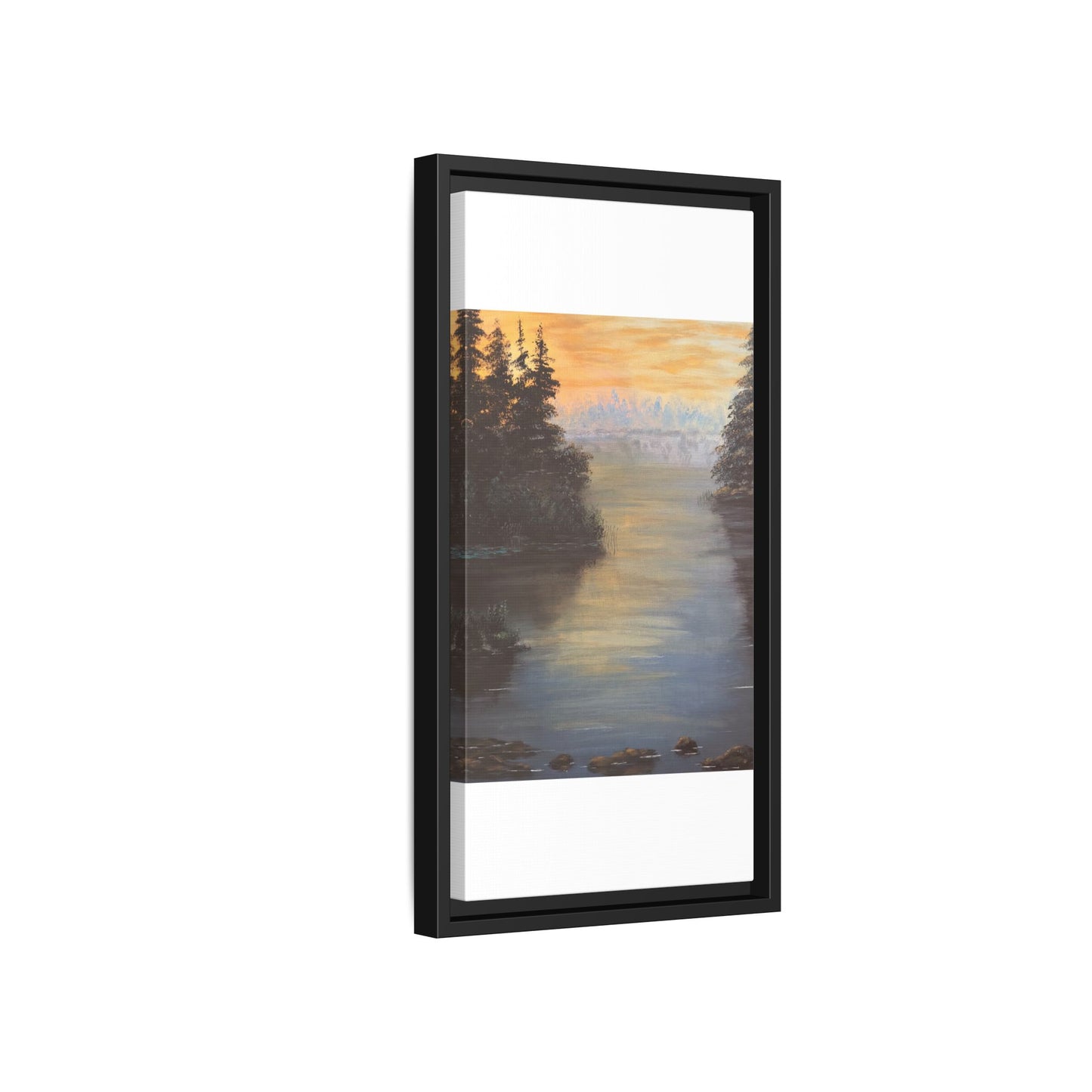 Peaceful Northwoods Lake Matte Canvas with Black or Espresso Frame. Available in sizes from 8” x 10”-24” x 32”