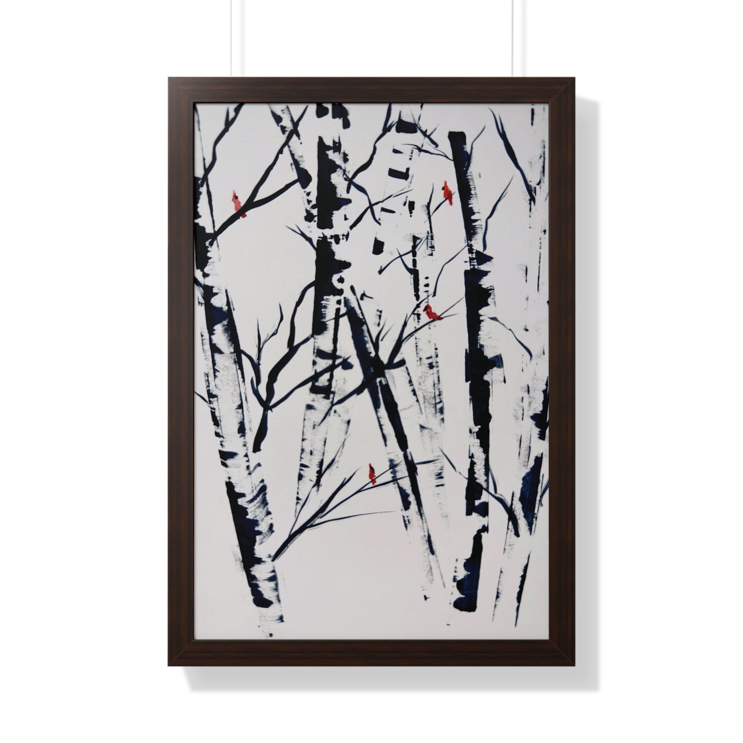 Cardinals and Birches Framed Vertical Poster. Available in sizes 11” x 14”-20” x 30”