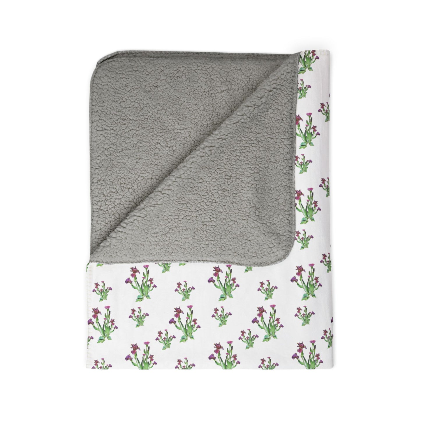 Fleece Sherpa Blanket Featuring Purple Irises. Available in sizes from 50” x 60”-60” x 80”