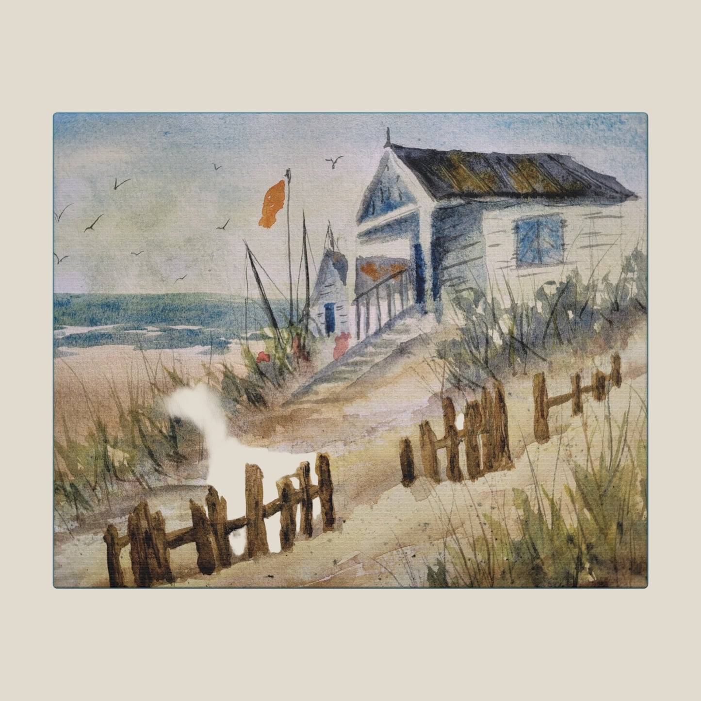 Painting of a beach scene with a beach hut and wooden fence.