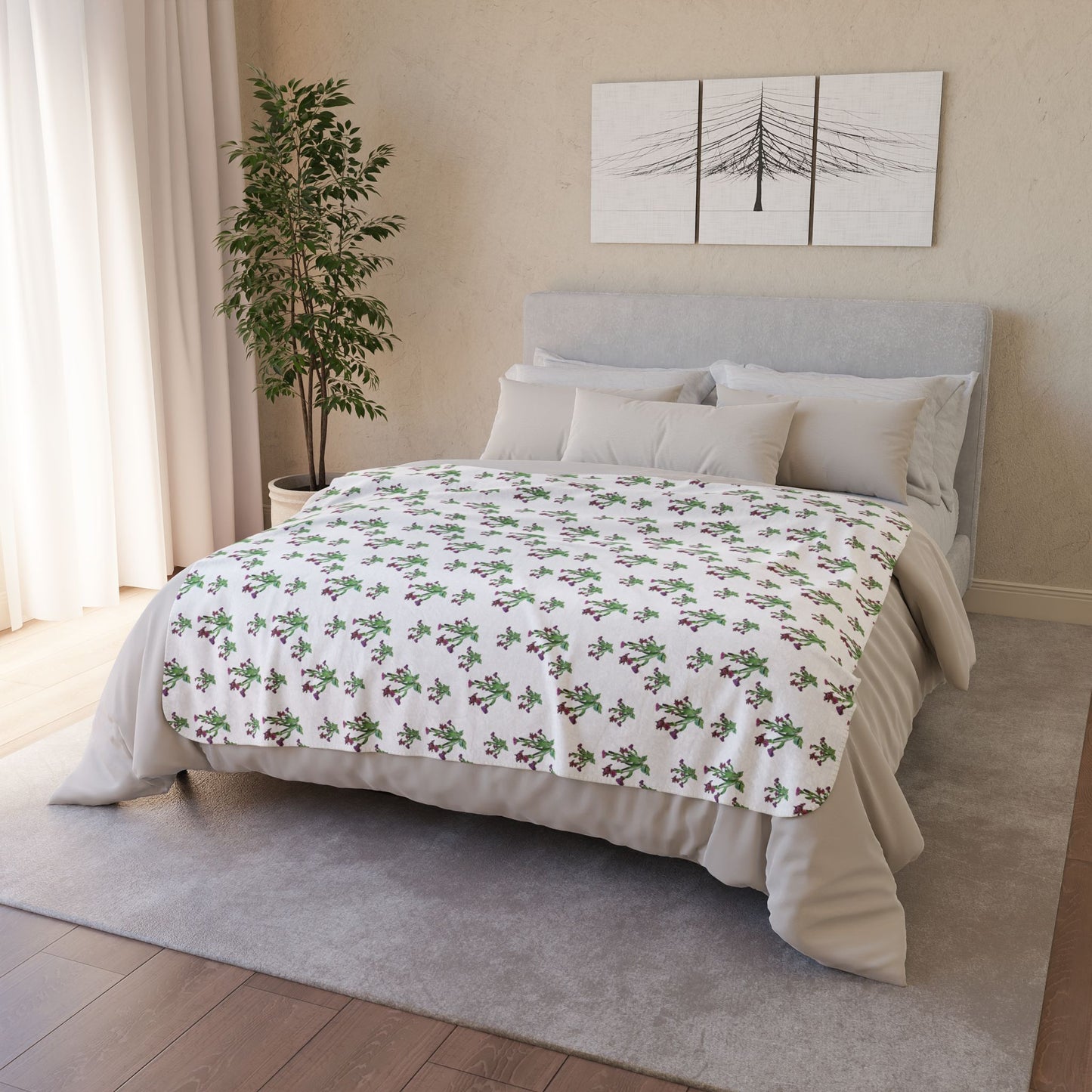 Fleece Sherpa Blanket Featuring Purple Irises. Available in sizes from 50” x 60”-60” x 80”