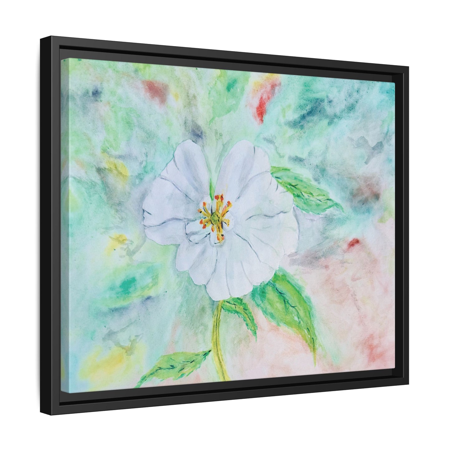 White Flower Watercolor Matte Canvas with Black Frame. Available in sizes from 12” x 9”-20” x 16”
