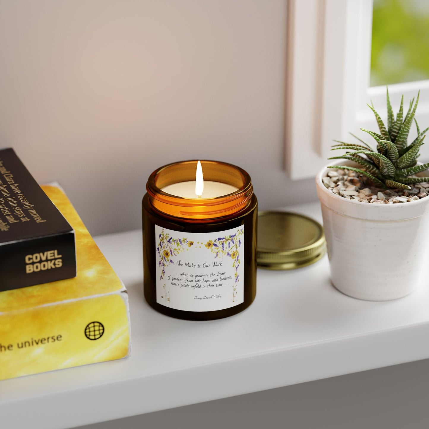 We Make It Our Work Scented Candles, Coconut Apricot Wax (4oz, 9oz), Featuring an Arbor of Sunflowers