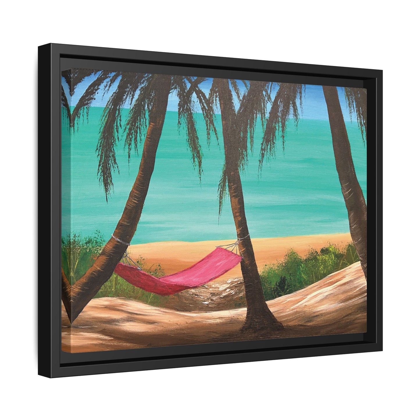 Matte Canvas with Black Frame Featuring Hawaii Beach Hammock. Available in sizes from 12” x 9”-16” x 12”
