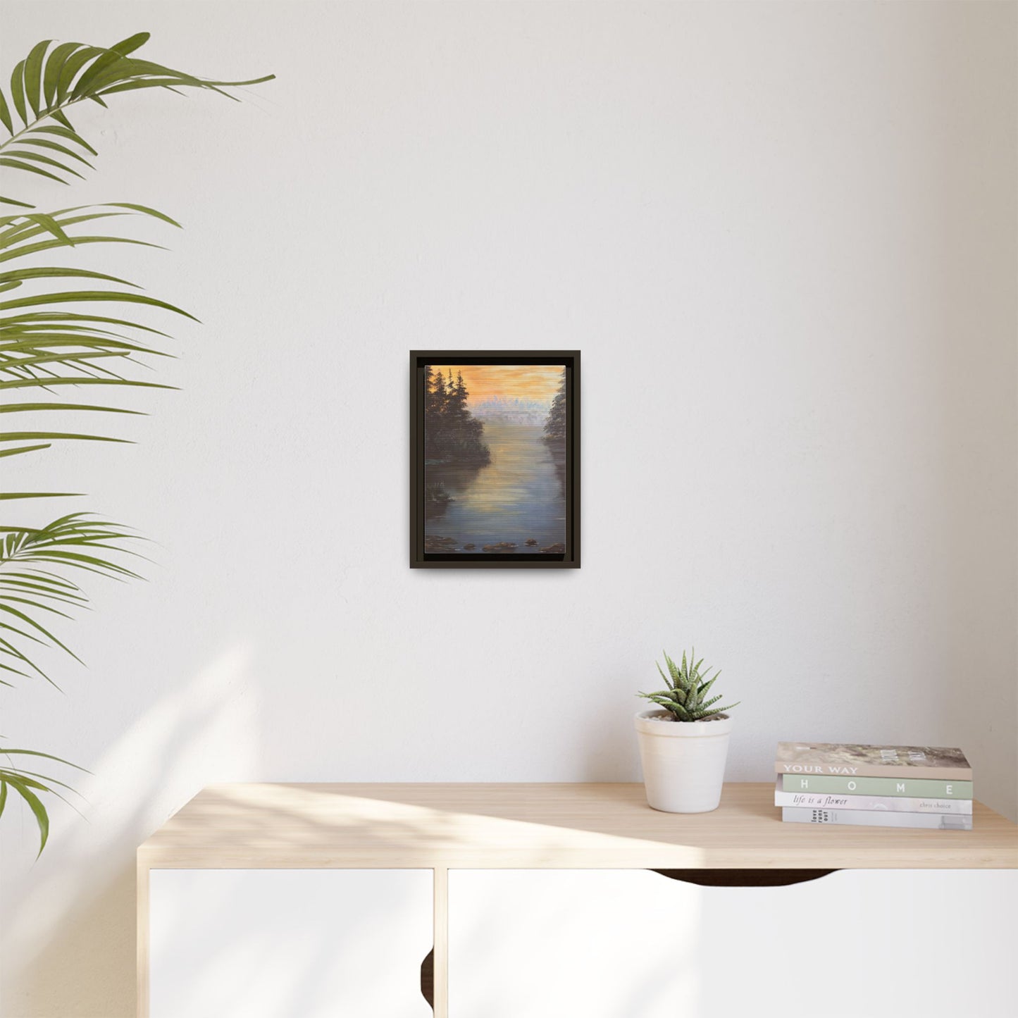 Peaceful Northwoods Lake Matte Canvas with Black or Espresso Frame. Available in sizes from 8” x 10”-24” x 32”