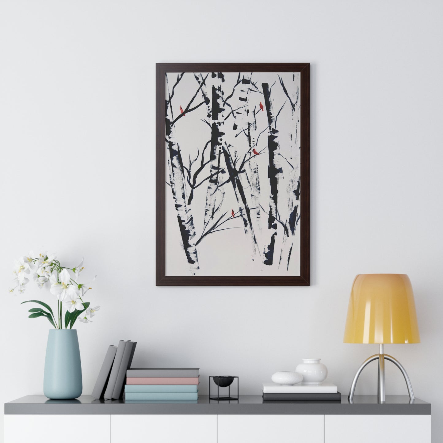 Cardinals and Birches Framed Vertical Poster. Available in sizes 11” x 14”-20” x 30”