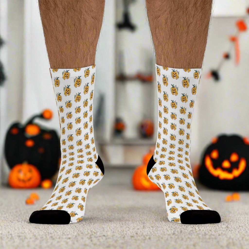 Fall Themed Recycled Poly Socks Featuring Cute Pumpkin Face Design
