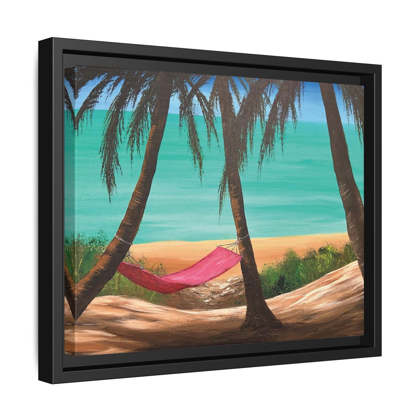 Matte Canvas with Black Frame Featuring Hawaii Beach Hammock. Available in sizes from 12” x 9”-16” x 12”