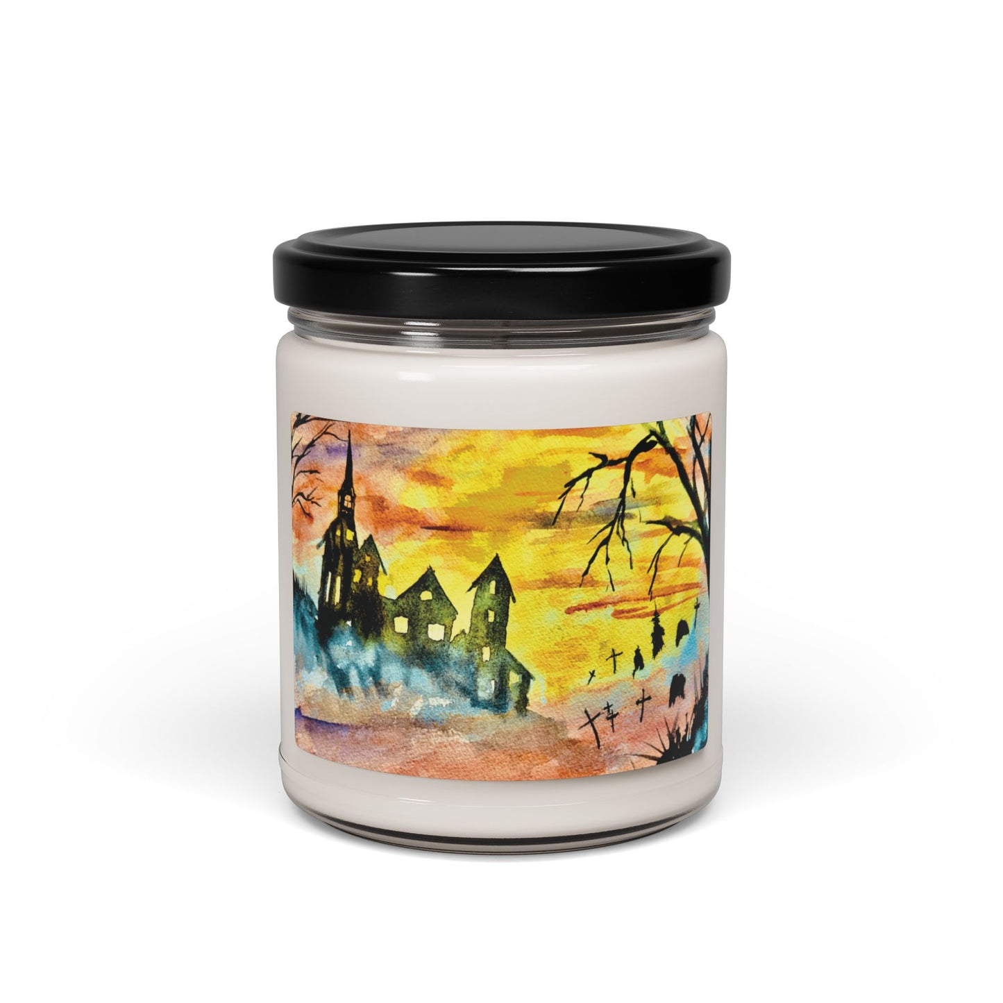 Eco-Friendly Soy Candle (9 oz.), Featuring Vibrant Halloween House and Graveyard Art. Multiple Scents Available.