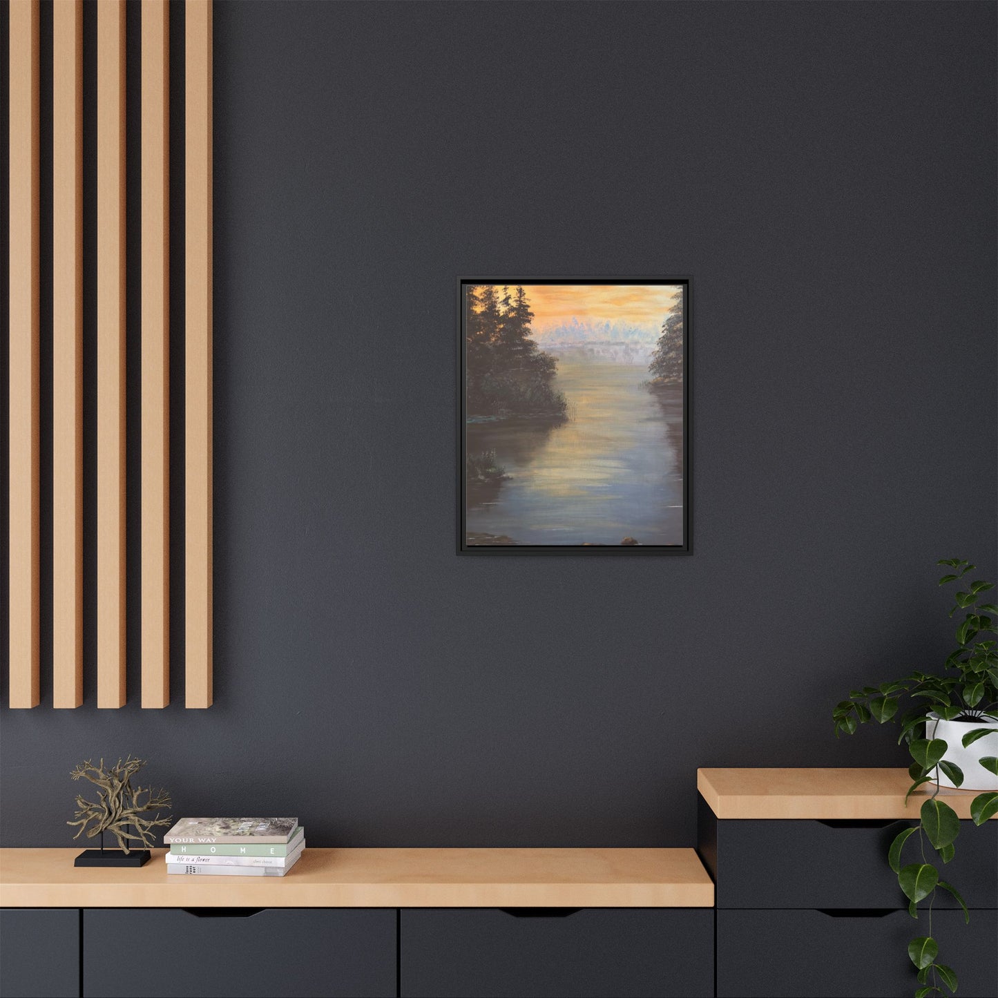 Peaceful Northwoods Lake Matte Canvas with Black or Espresso Frame. Available in sizes from 8” x 10”-24” x 32”