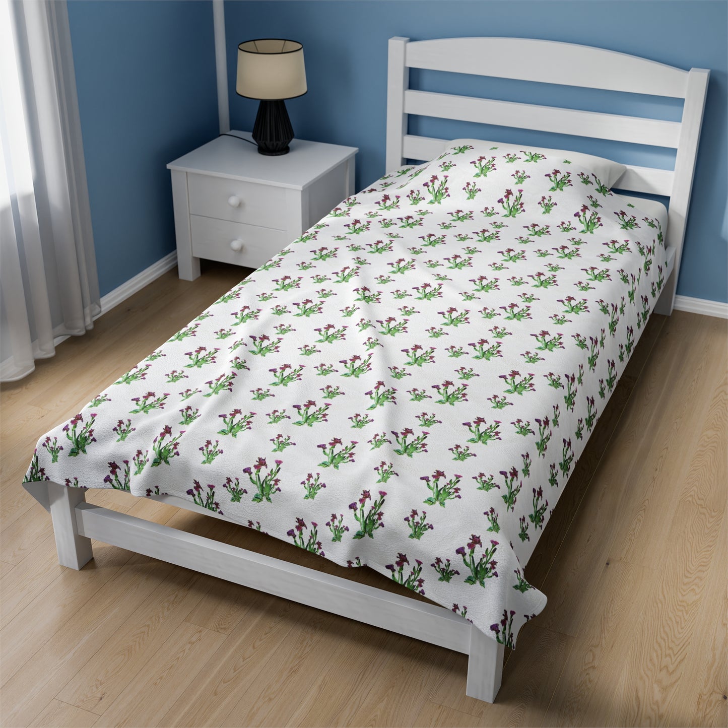 Velveteen Plush Blanket Featuring Purple Irises. Available in sizes from 30” x 40”-60” x 80”