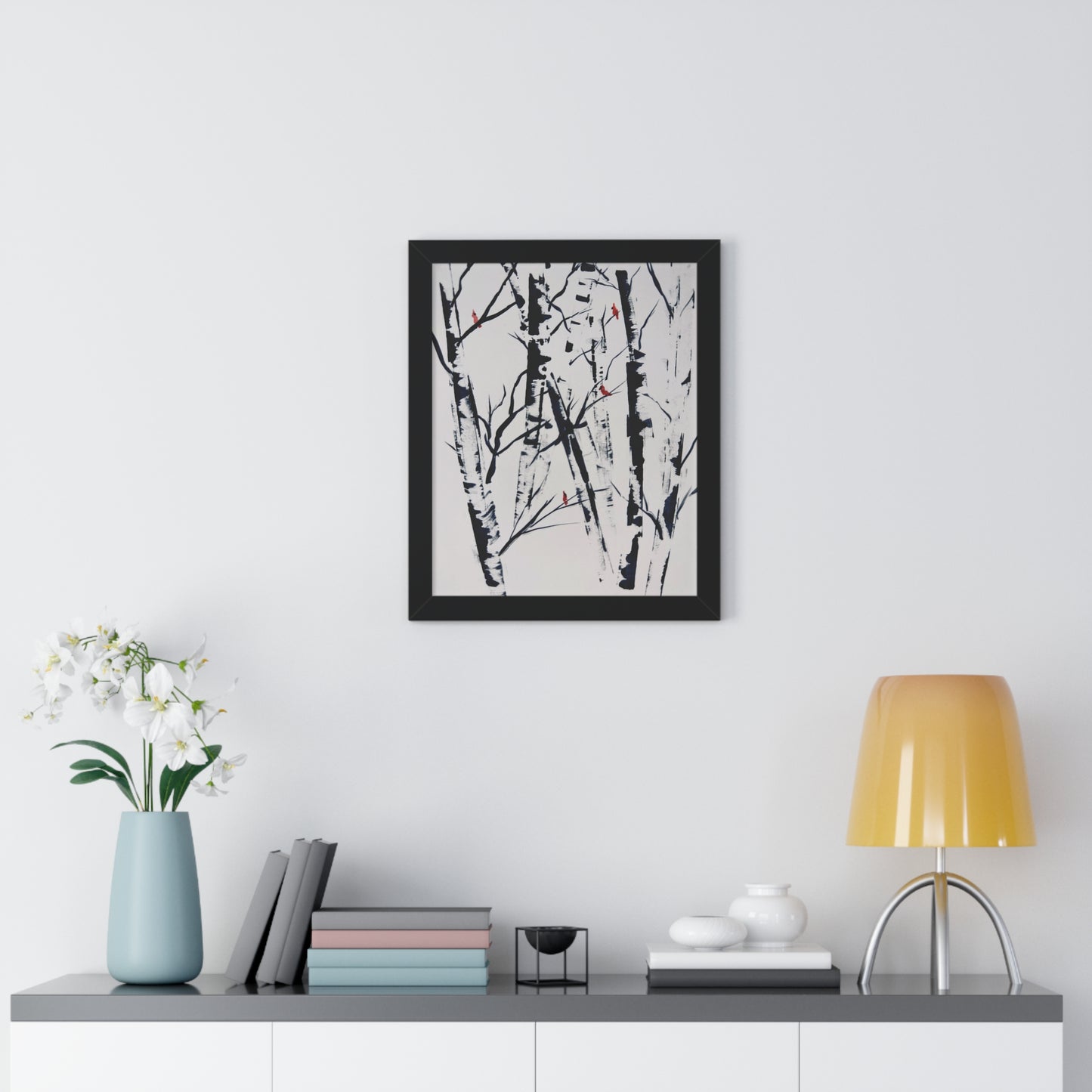 Cardinals and Birches Framed Vertical Poster. Available in sizes 11” x 14”-20” x 30”