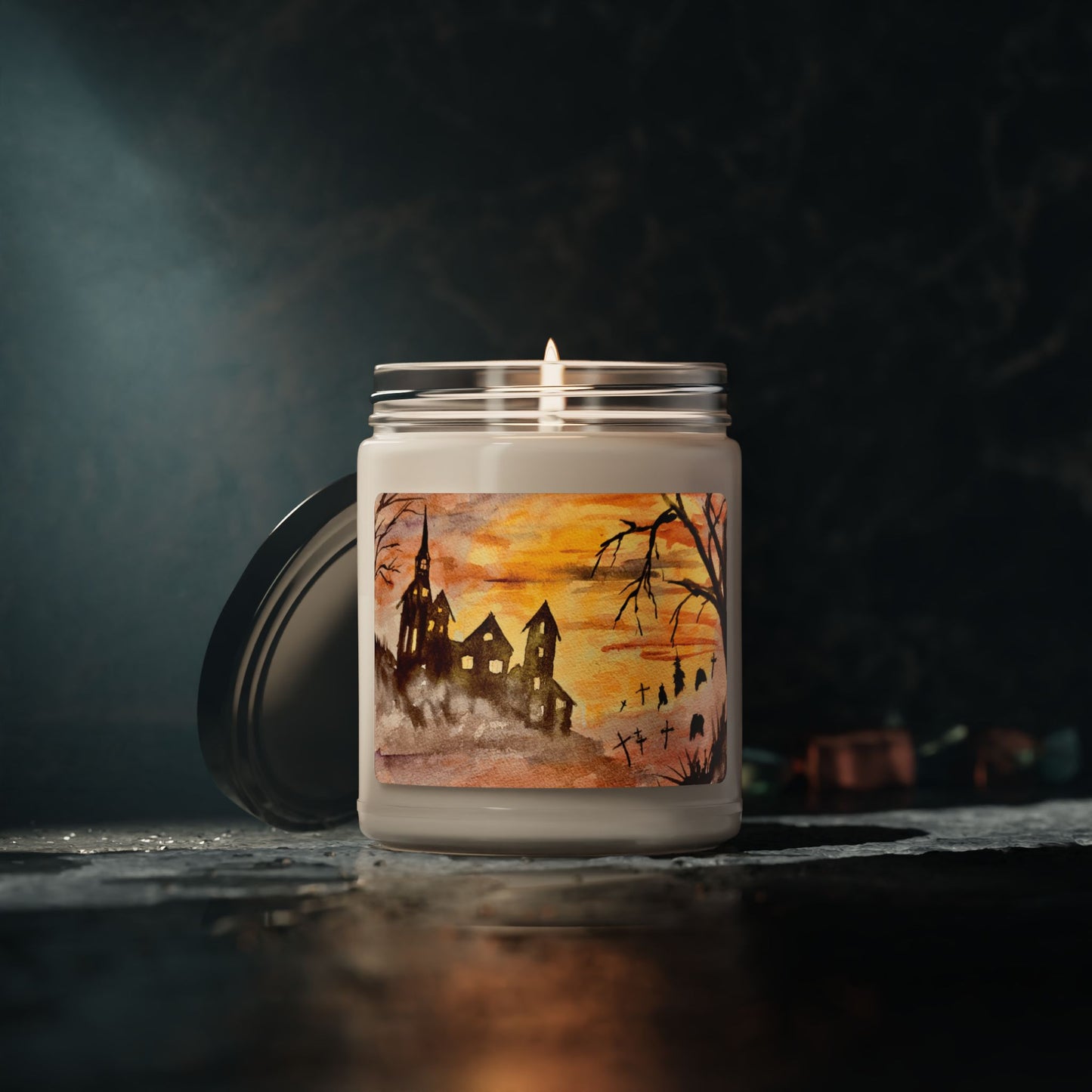 Eco-Friendly Soy Candle (9 oz.), Featuring Halloween House and Spooky Graveyard Art. Multiple Scents Available.