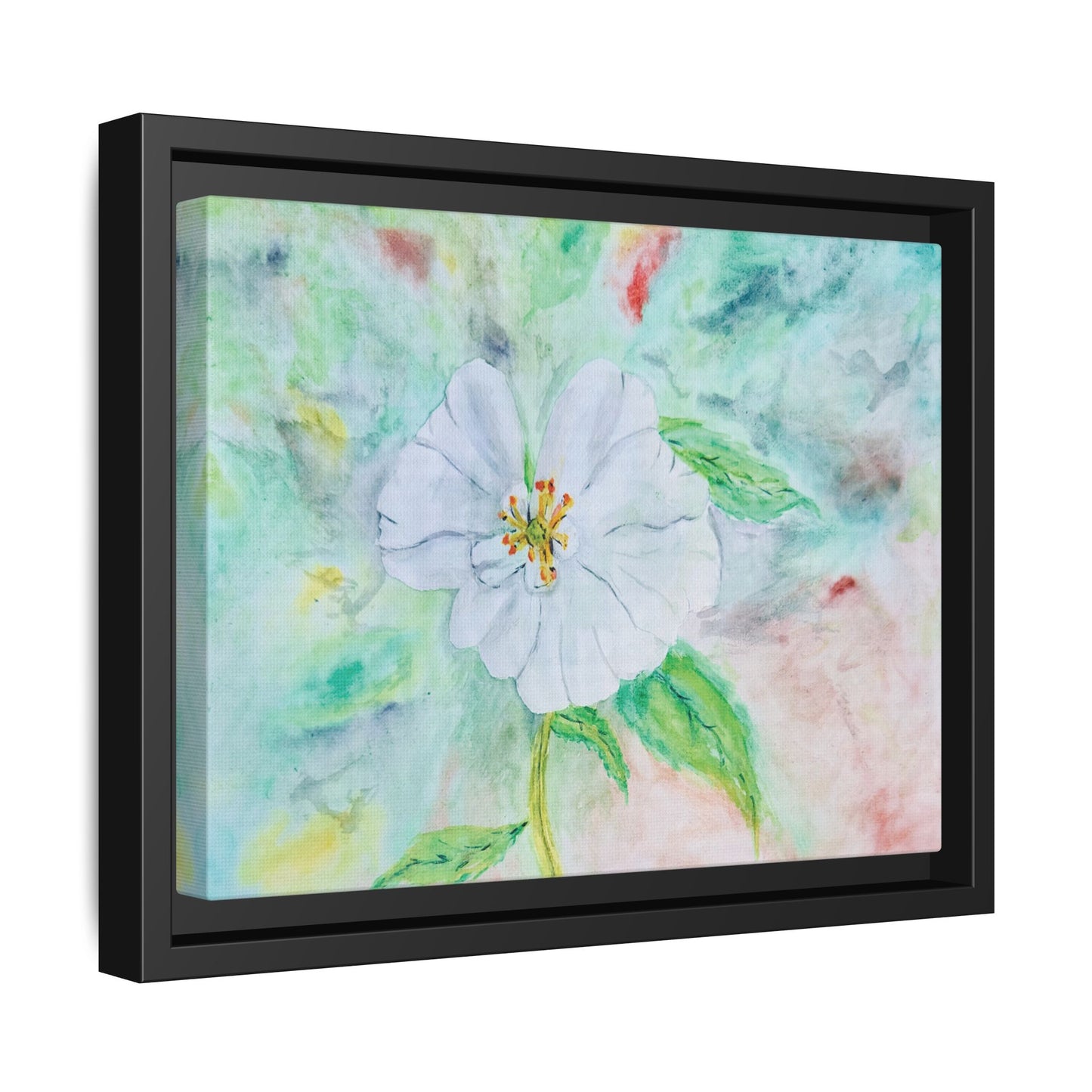 White Flower Watercolor Matte Canvas with Black Frame. Available in sizes from 12” x 9”-20” x 16”
