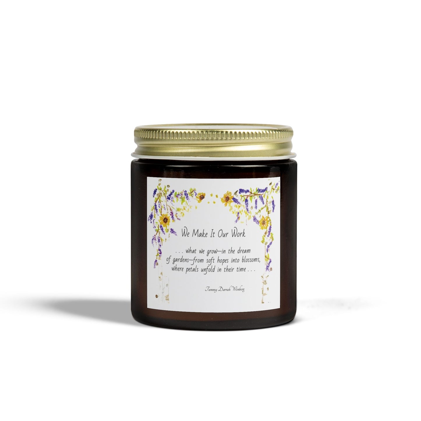 We Make It Our Work Scented Candles, Coconut Apricot Wax (4oz, 9oz), Featuring an Arbor of Sunflowers