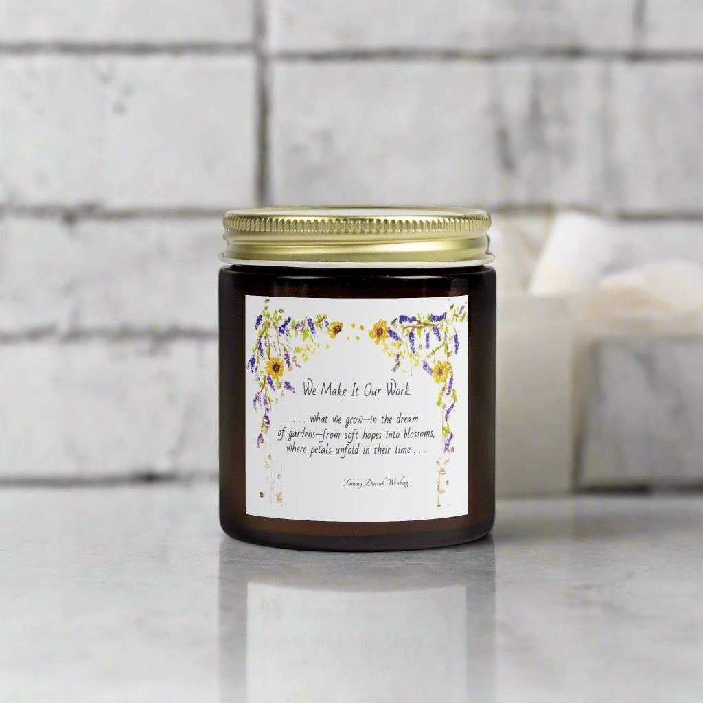 We Make It Our Work Scented Candles, Coconut Apricot Wax (4oz, 9oz), Featuring an Arbor of Sunflowers