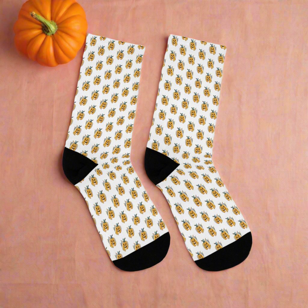 Fall Themed Recycled Poly Socks Featuring Cute Pumpkin Face Design