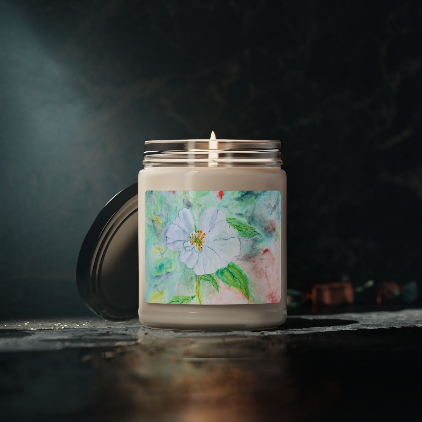 Eco-Friendly Soy Candle (9 oz.), Featuring Delicate Watercolor White Flower. Multiple Scents Available.