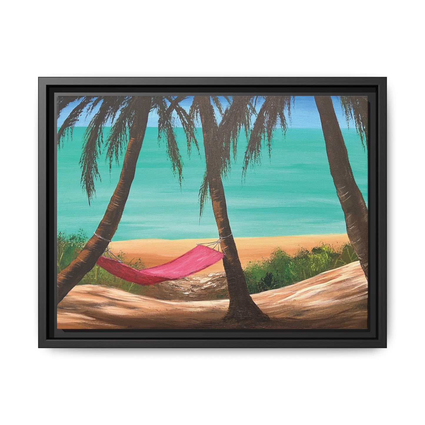 Matte Canvas with Black Frame Featuring Hawaii Beach Hammock. Available in sizes from 12” x 9”-16” x 12”