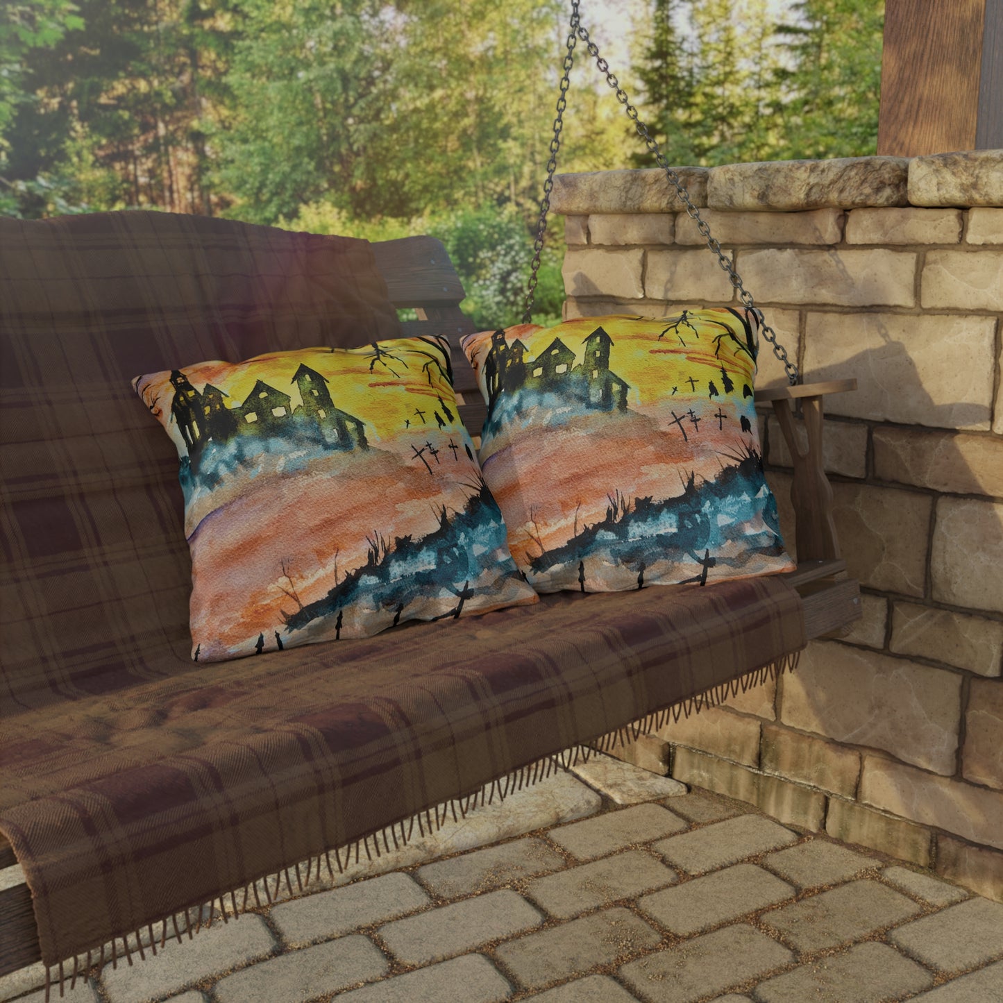 Halloween House and Graveyard (Vibrant) Pillows. Available in sizes from 16” x 16”-20” x 20”