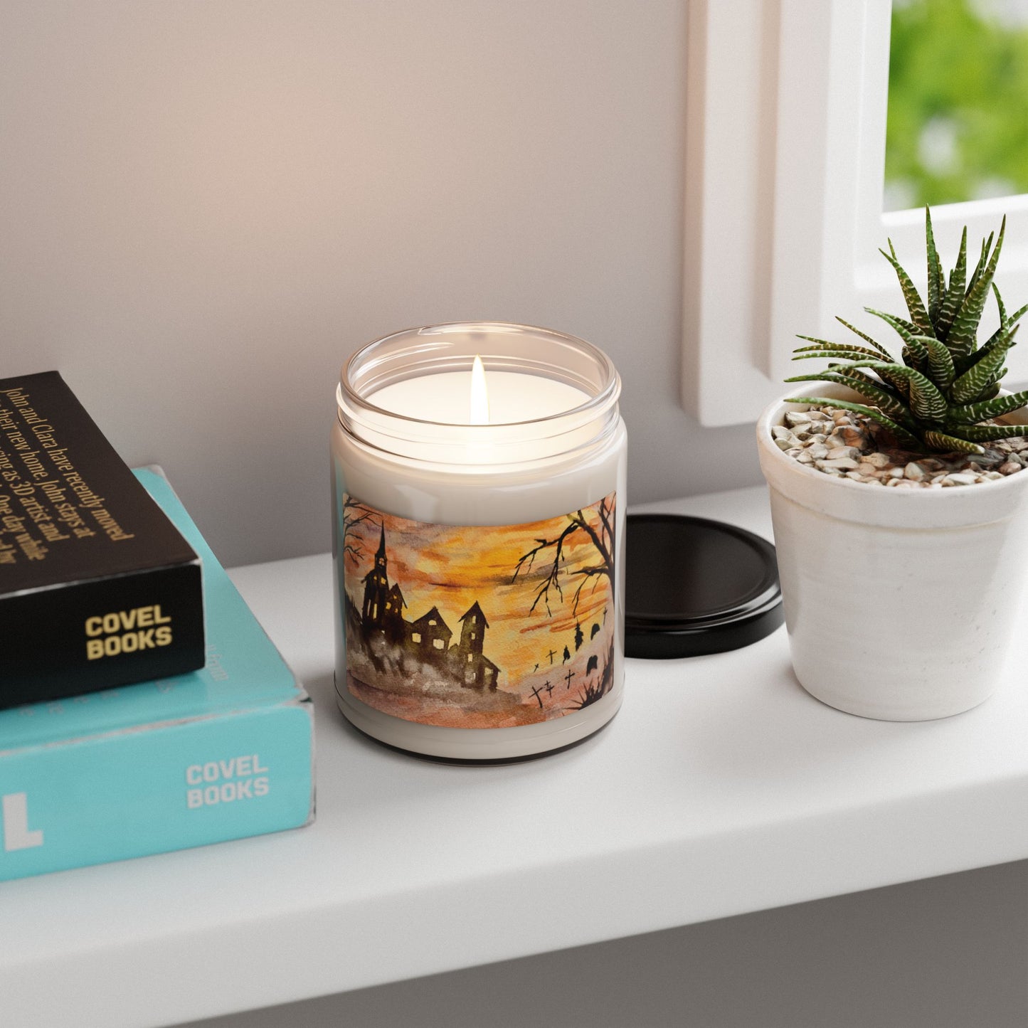 Eco-Friendly Soy Candle (9 oz.), Featuring Halloween House and Spooky Graveyard Art. Multiple Scents Available.