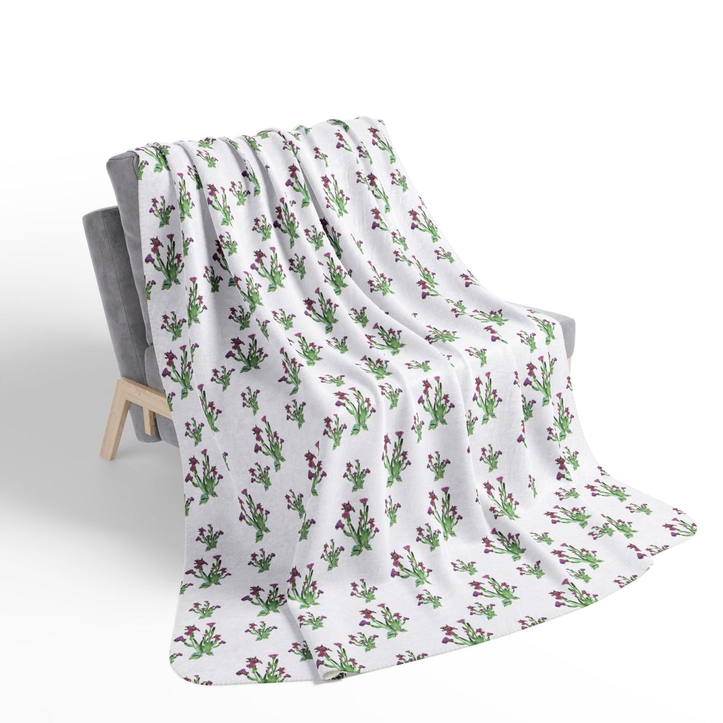 Fleece Sherpa Blanket Featuring Purple Irises. Available in sizes from 50” x 60”-60” x 80”