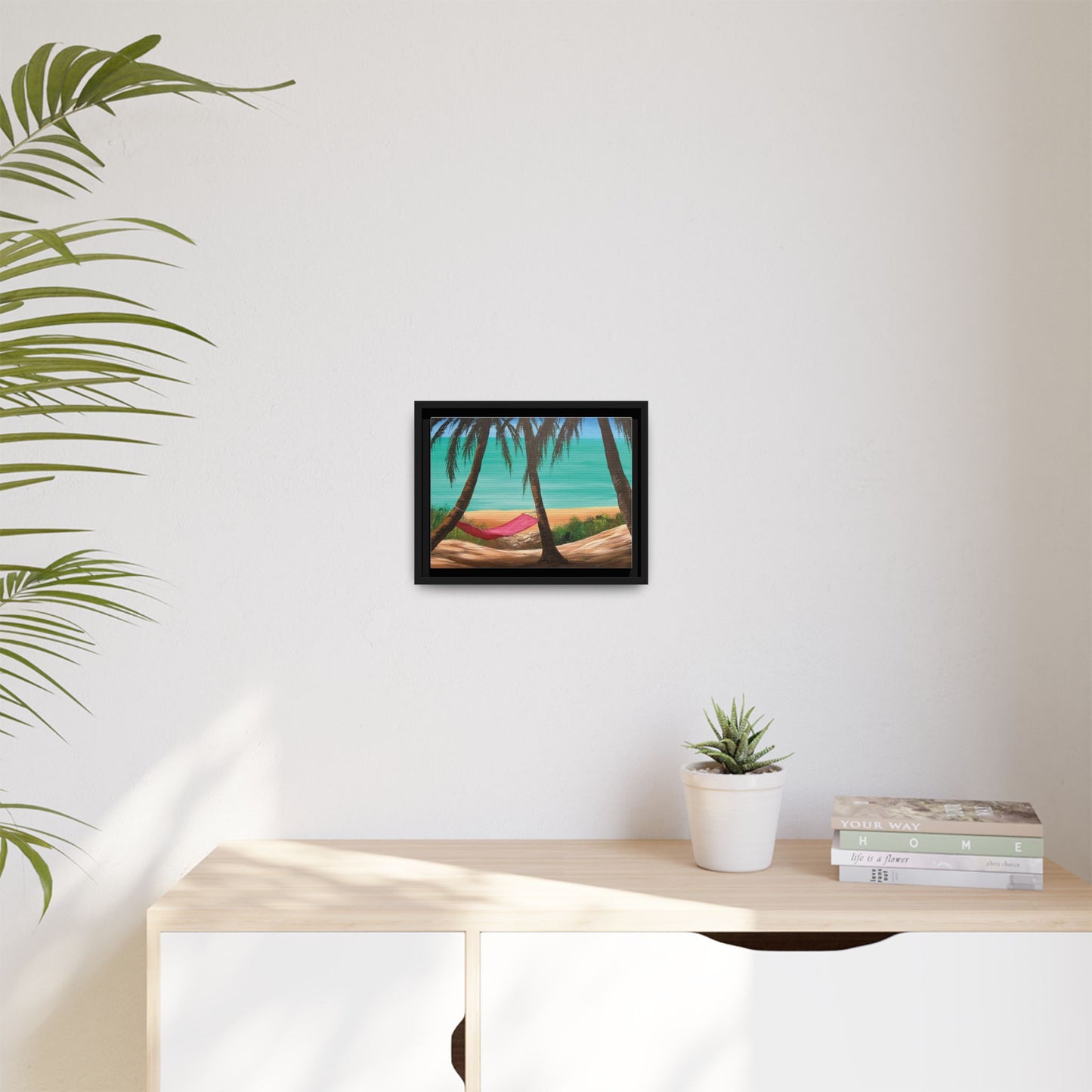 Matte Canvas with Black Frame Featuring Hawaii Beach Hammock. Available in sizes from 12” x 9”-16” x 12”