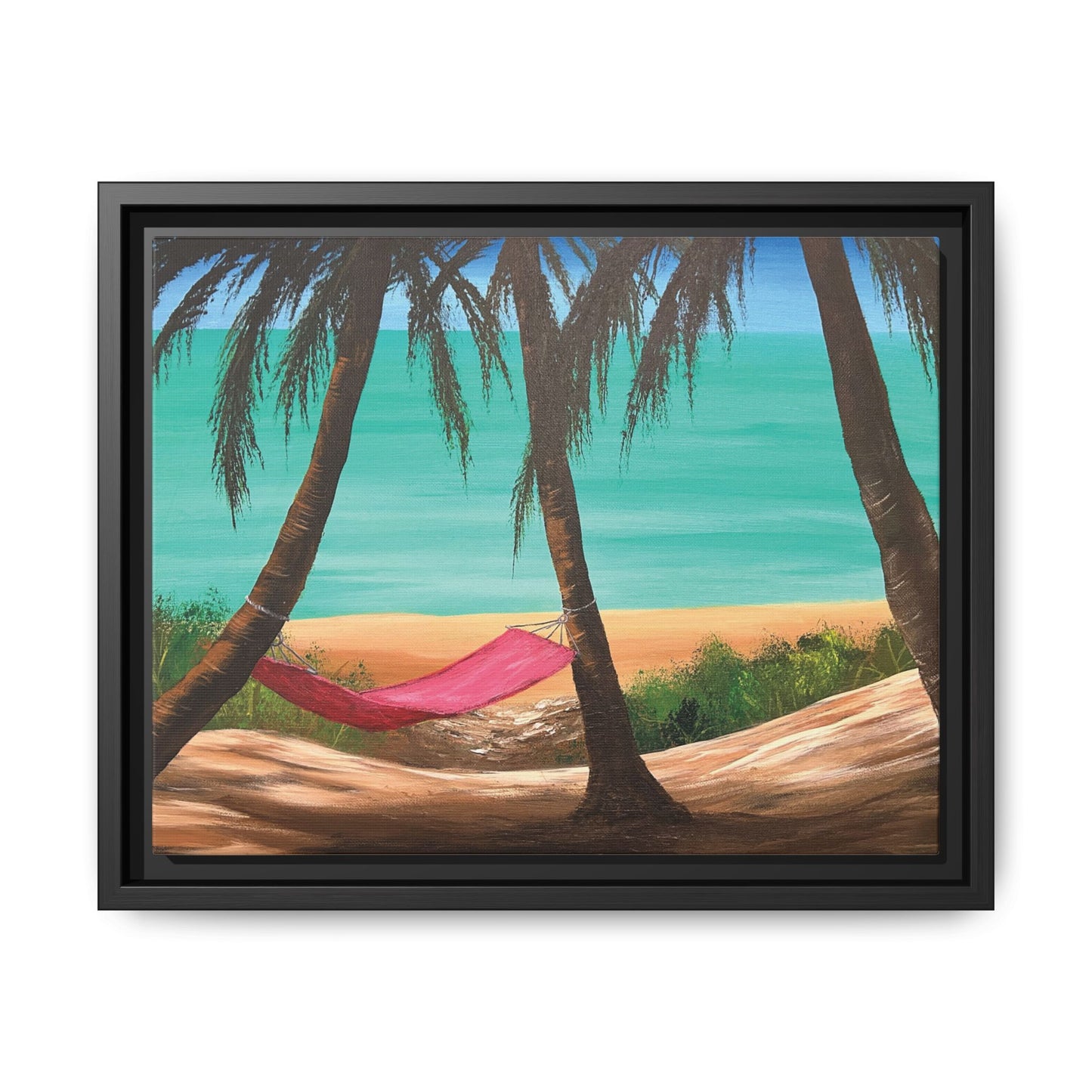 Matte Canvas with Black Frame Featuring Hawaii Beach Hammock. Available in sizes from 12” x 9”-16” x 12”