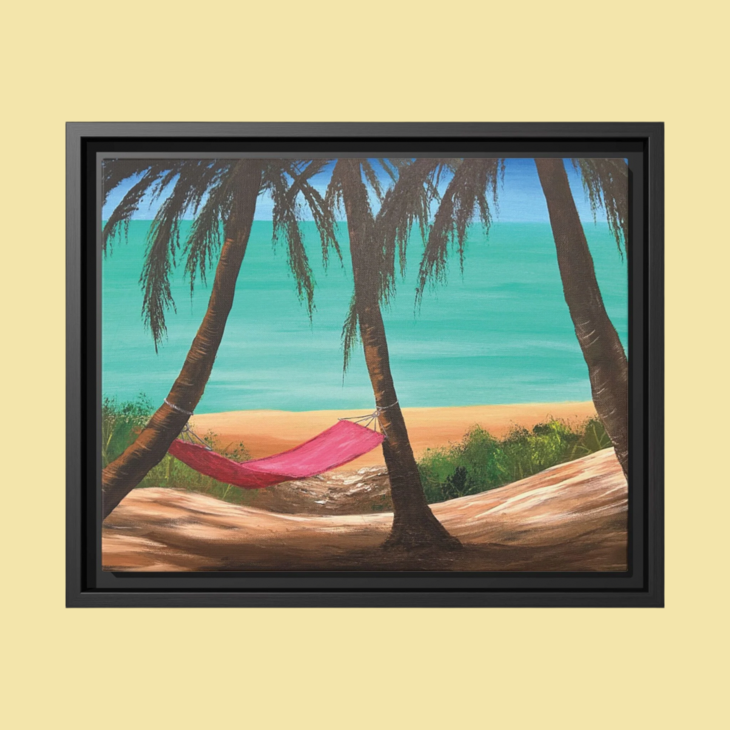 Matte Canvas with Black Frame Featuring Hawaii Beach Hammock. Available in sizes from 12” x 9”-16” x 12”