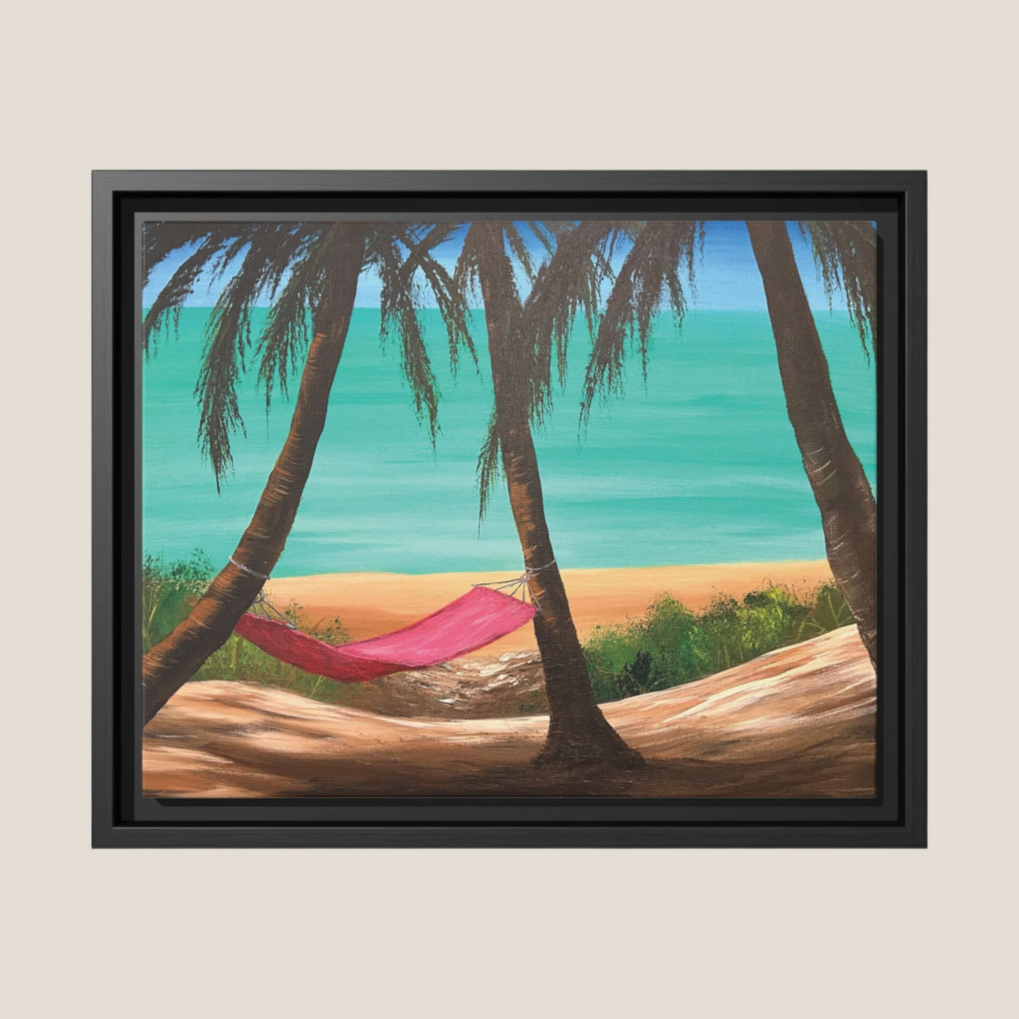 Matte Canvas with Black Frame Featuring Hawaii Beach Hammock. Available in sizes from 12” x 9”-16” x 12”