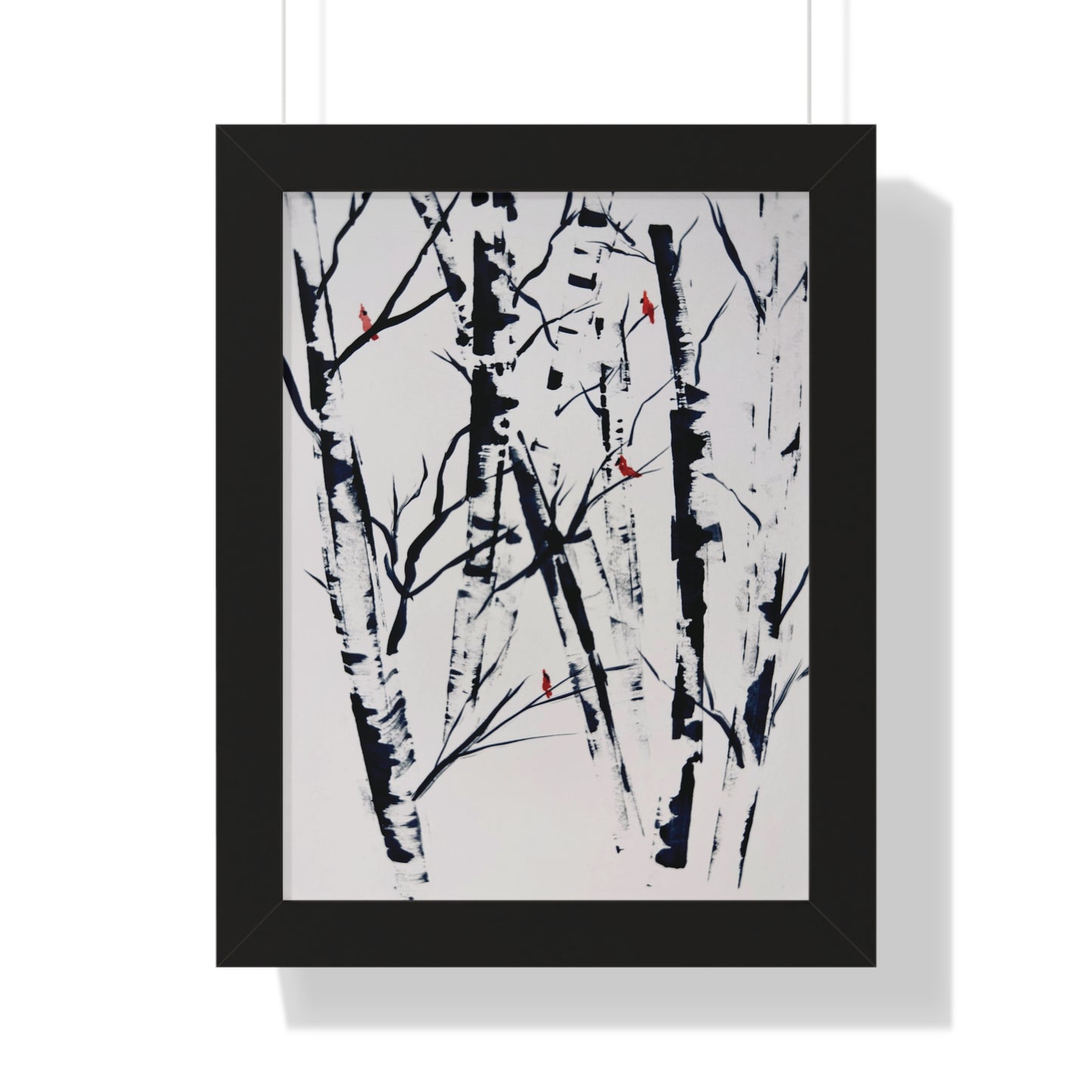 Cardinals and Birches Framed Vertical Poster. Available in sizes 11” x 14”-20” x 30”