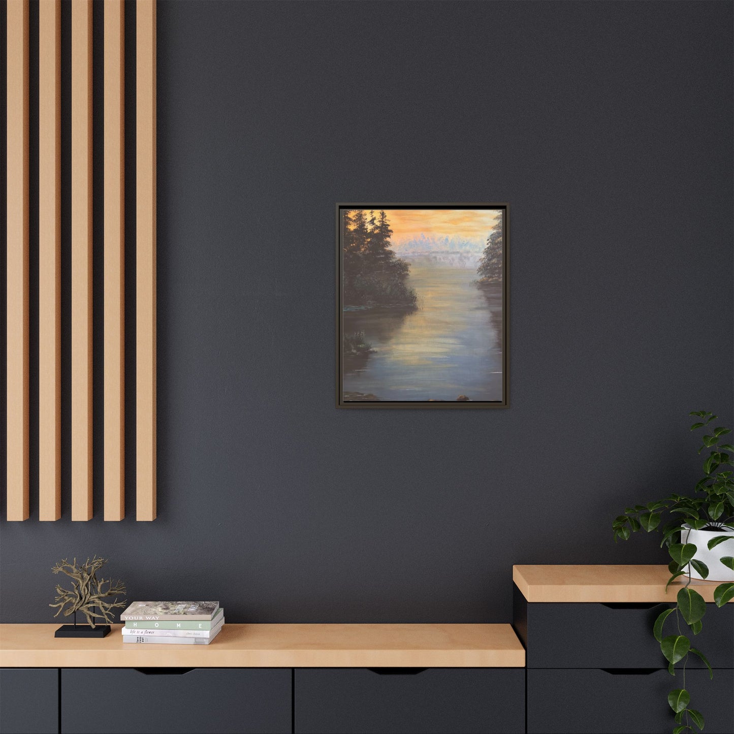 Peaceful Northwoods Lake Matte Canvas with Black or Espresso Frame. Available in sizes from 8” x 10”-24” x 32”