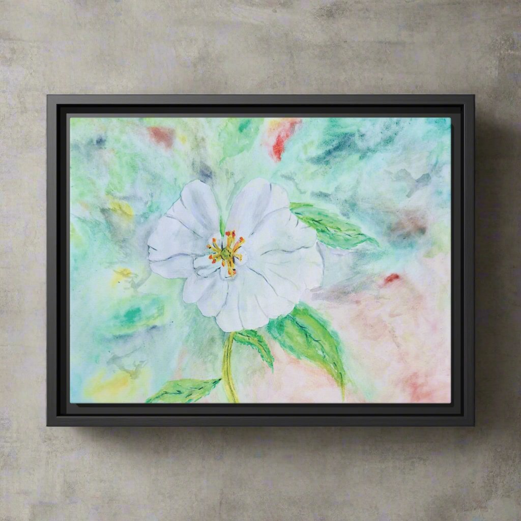 White Flower Watercolor Matte Canvas with Black Frame. Available in sizes from 12” x 9”-20” x 16”