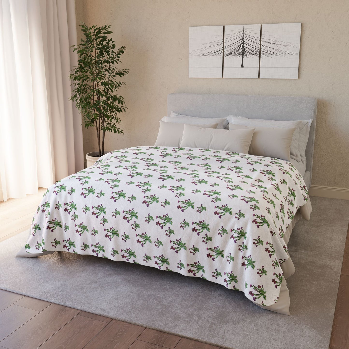 Fleece Sherpa Blanket Featuring Purple Irises. Available in sizes from 50” x 60”-60” x 80”