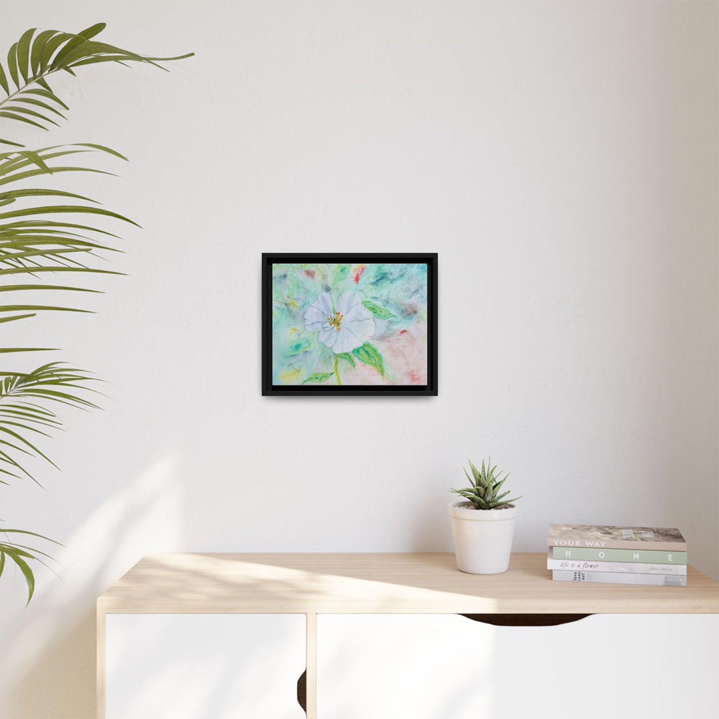 White Flower Watercolor Matte Canvas with Black Frame. Available in sizes from 12” x 9”-20” x 16”