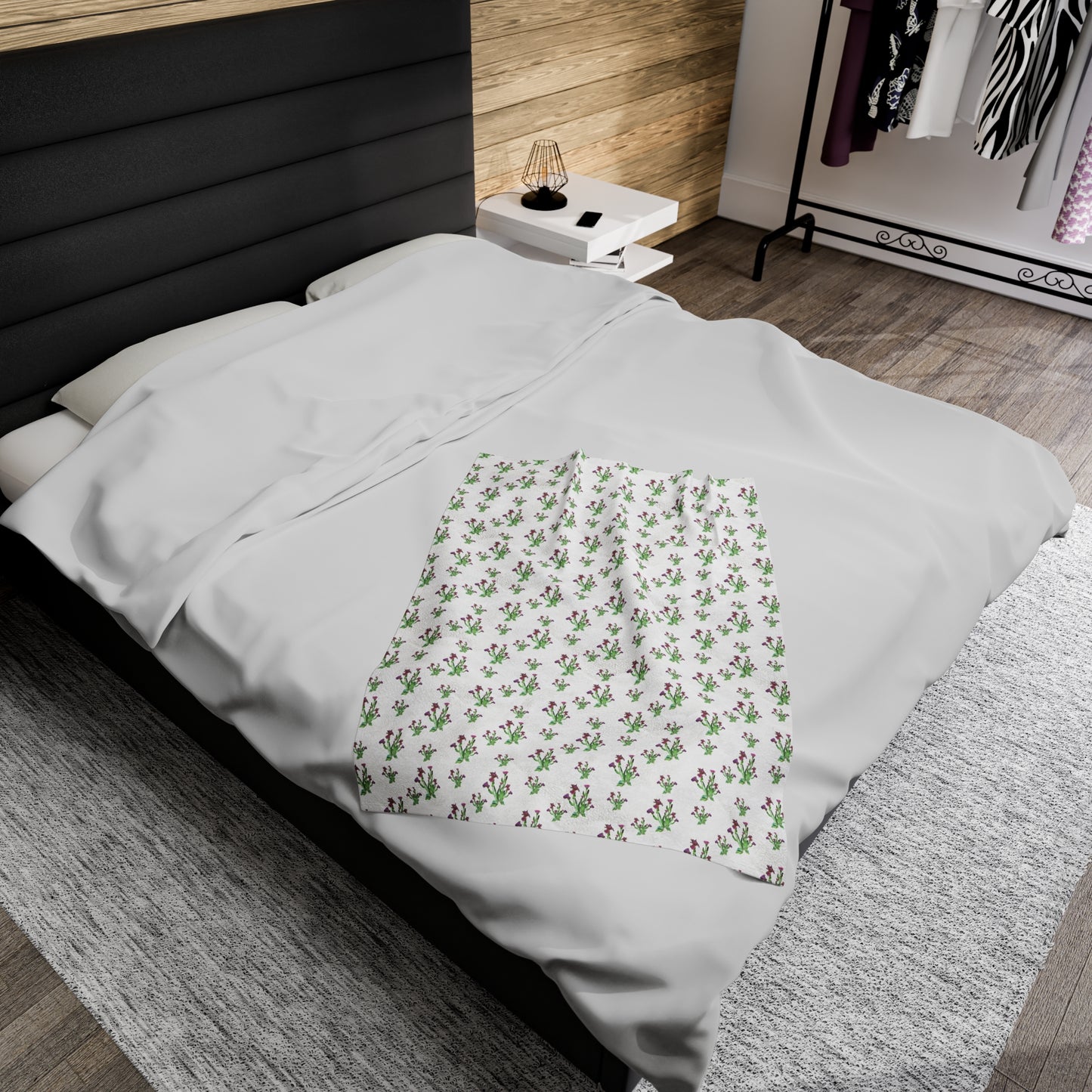 Velveteen Plush Blanket Featuring Purple Irises. Available in sizes from 30” x 40”-60” x 80”