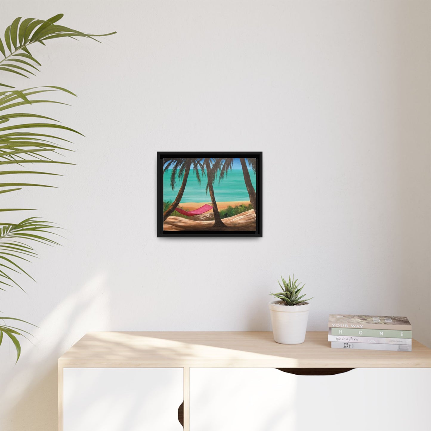Matte Canvas with Black Frame Featuring Hawaii Beach Hammock. Available in sizes from 12” x 9”-16” x 12”