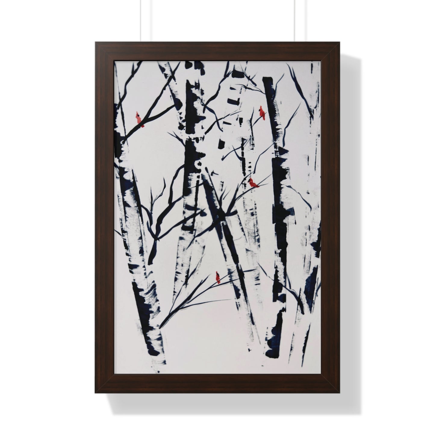 Cardinals and Birches Framed Vertical Poster. Available in sizes 11” x 14”-20” x 30”