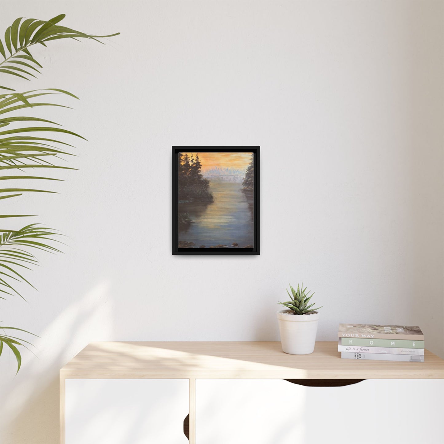 Peaceful Northwoods Lake Matte Canvas with Black or Espresso Frame. Available in sizes from 8” x 10”-24” x 32”