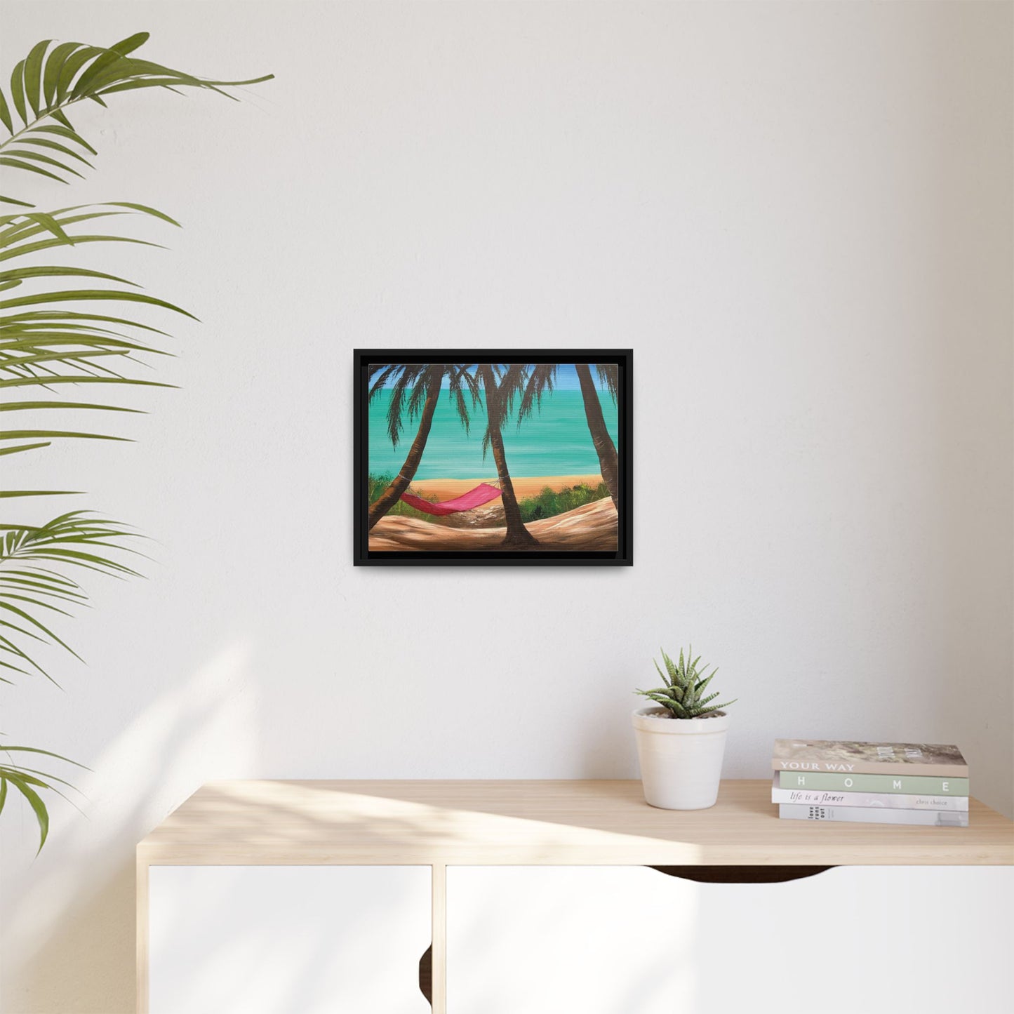 Matte Canvas with Black Frame Featuring Hawaii Beach Hammock. Available in sizes from 12” x 9”-16” x 12”