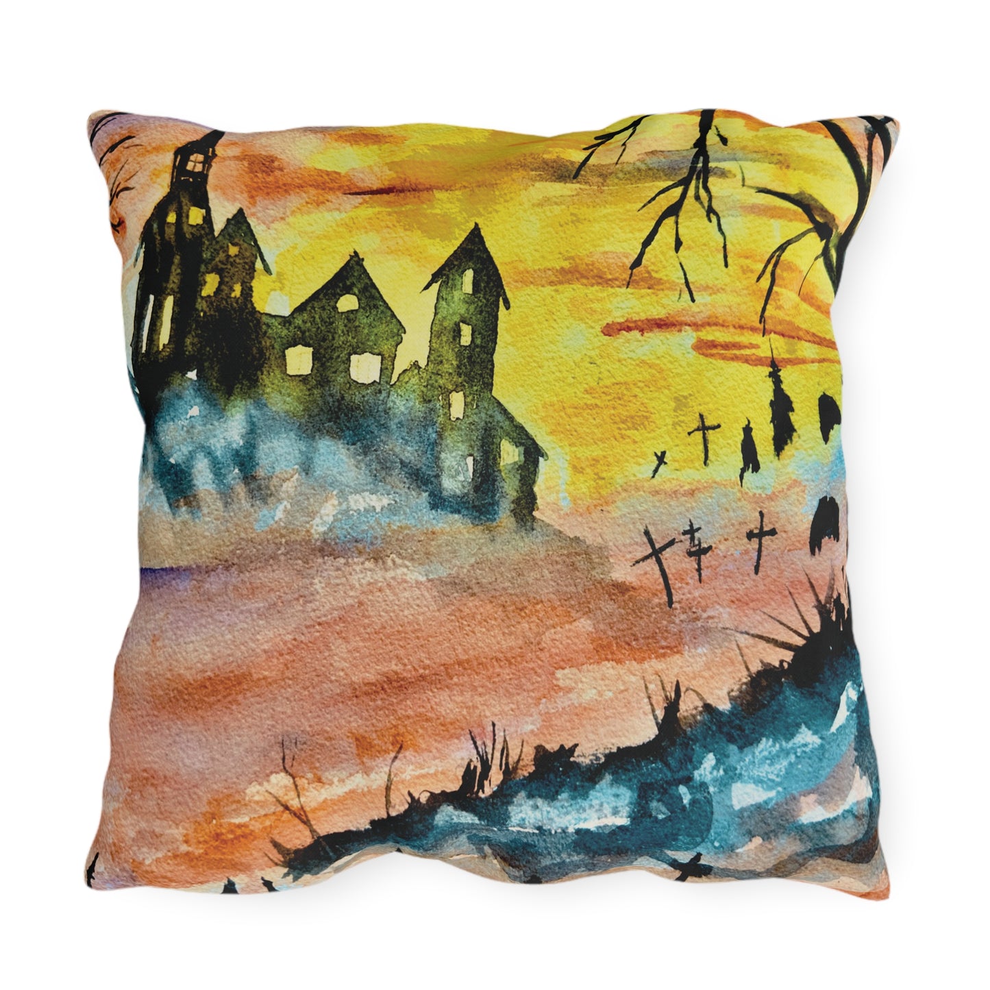 Halloween House and Graveyard (Vibrant) Pillows. Available in sizes from 16” x 16”-20” x 20”