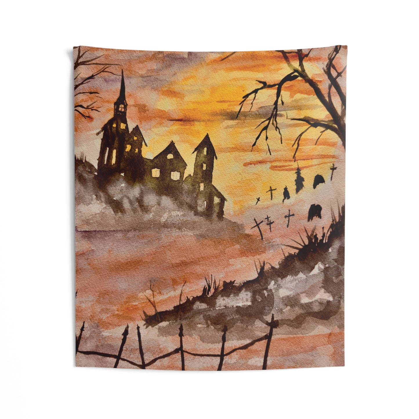 Halloween House and Spooky Graveyard Indoor Wall Tapestry. Available in size 26” x 36” and 50” x 60”
